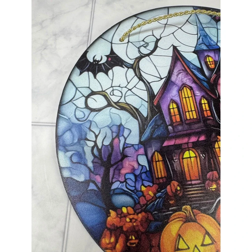 Chengy Co Halloween Haunted House Pumpkin Stained Glass Style Suncatcher 7.5